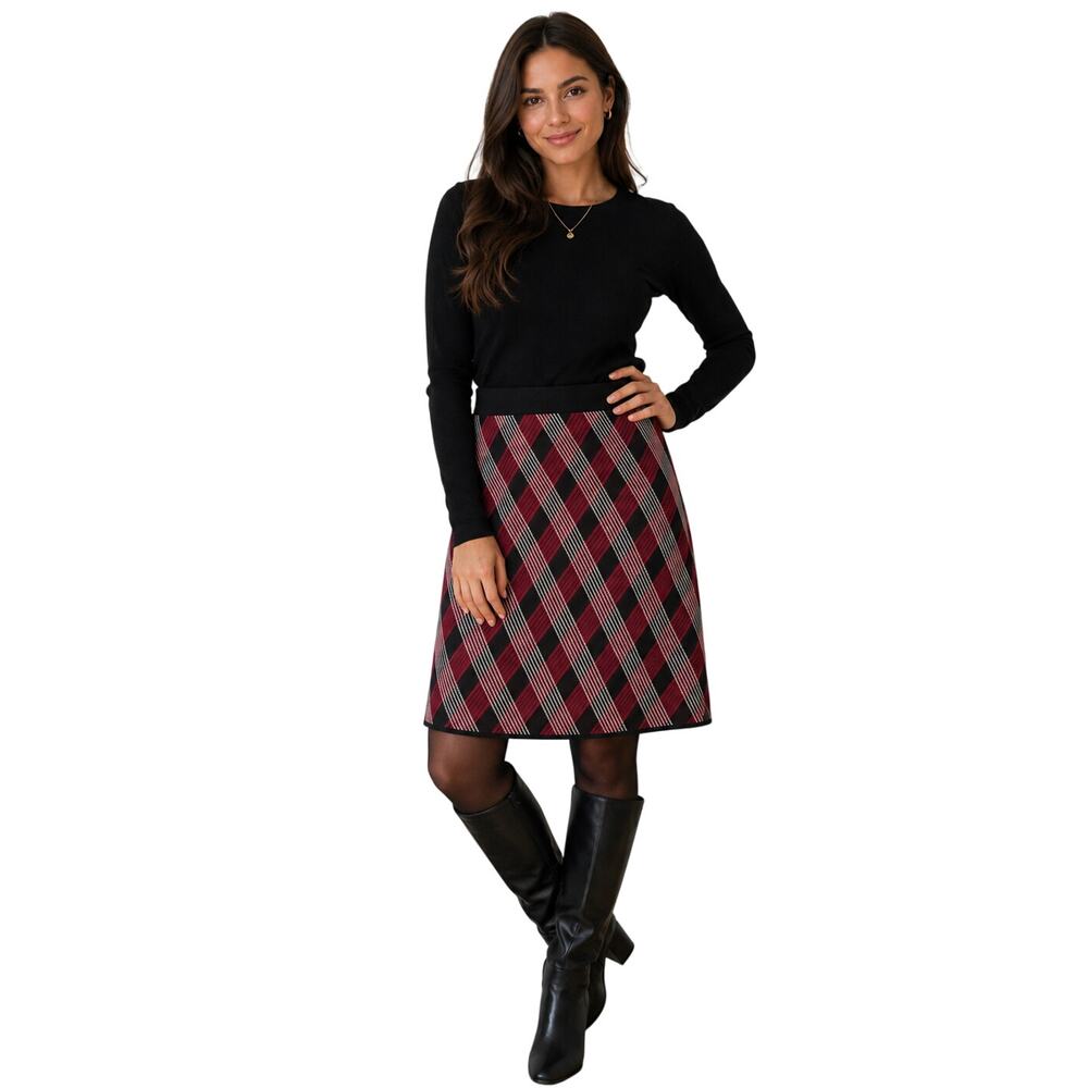 NWT anne klein sz XL red black tartan knee length knit skirt career Christmas